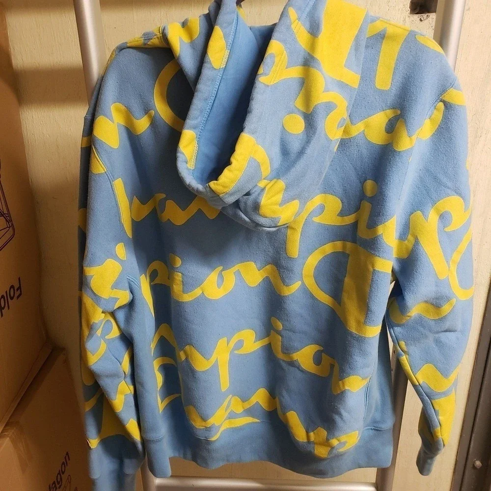 Champion Reverse Weave Hoodie Mens XL Blue Yellow All Over Script Logo Retro 90s